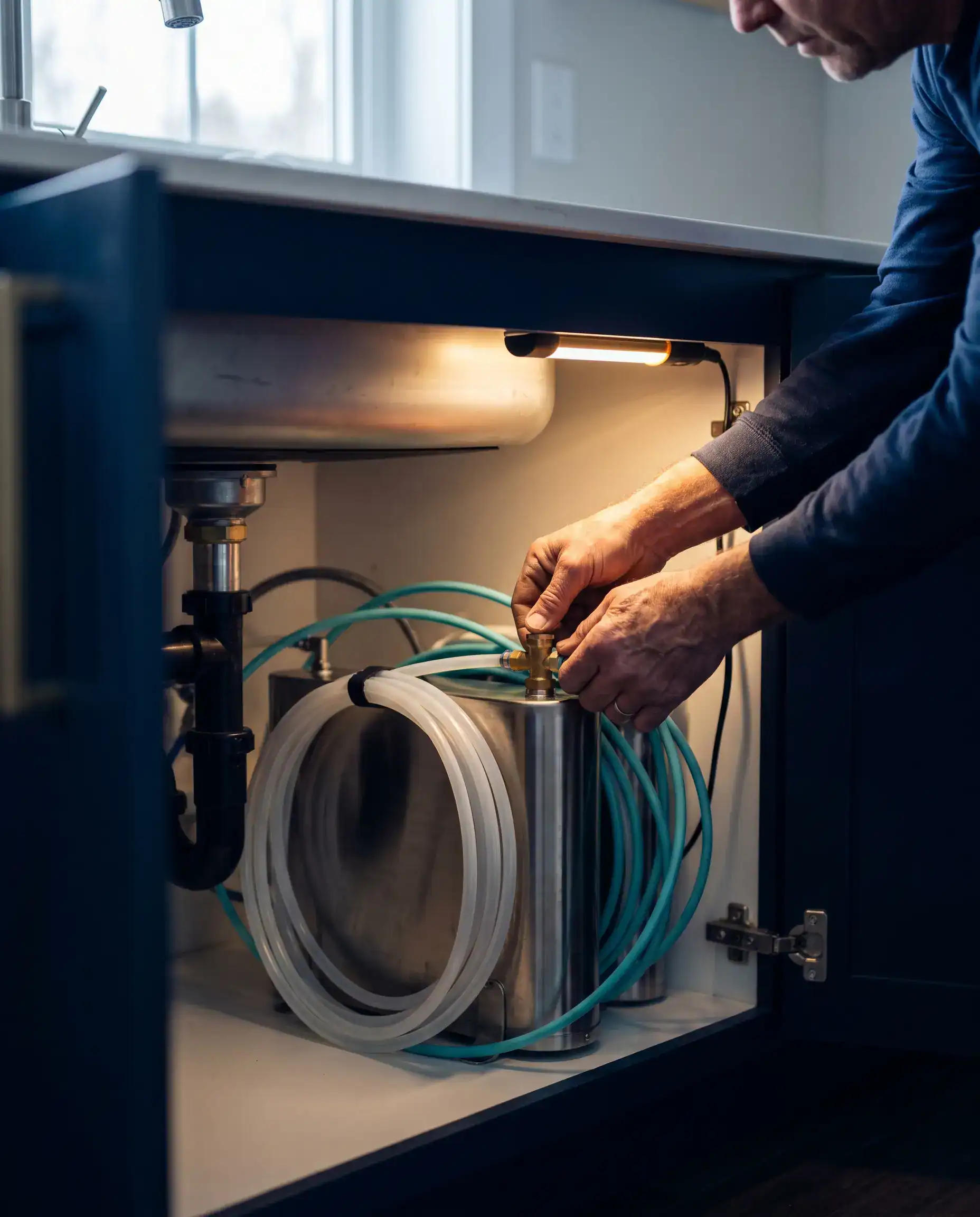 Tecnico Osmolife installa un impianto a osmosi sotto il lavello