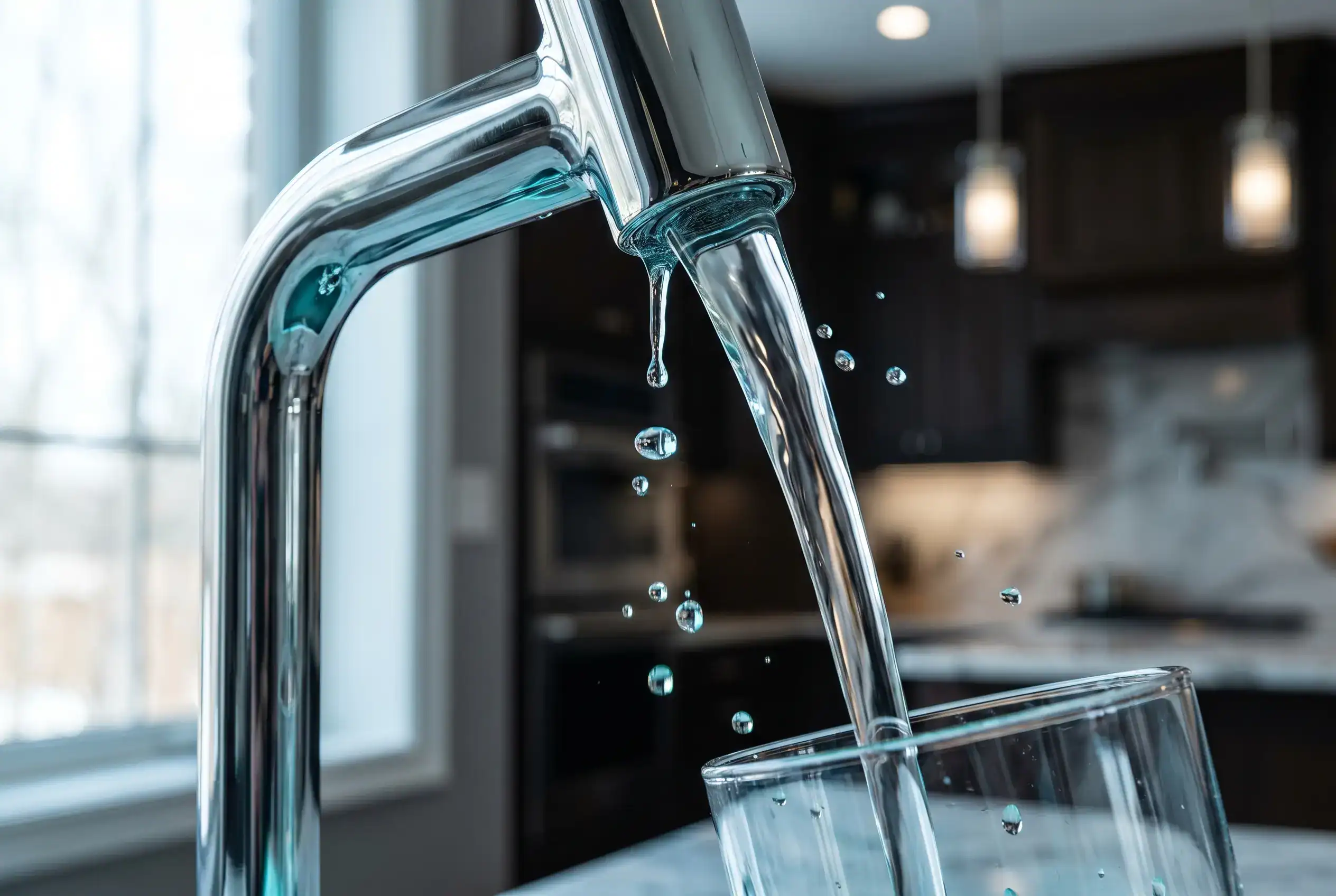 Acqua pura versata da un rubinetto di design